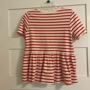 Zara Red Cream Striped Peplum Ruffle Hem Short Sleeve T-Shirt Top
